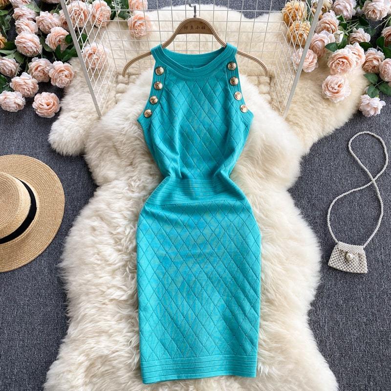 Robe Sans Manches Élégant Bouton en Métal