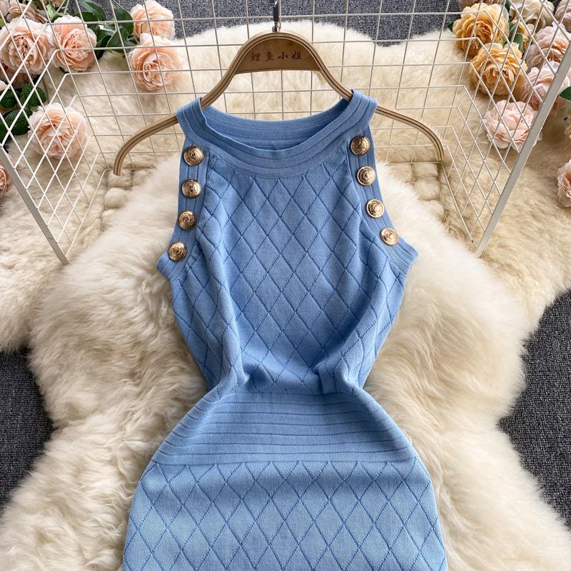 Robe Sans Manches Élégant Bouton en Métal