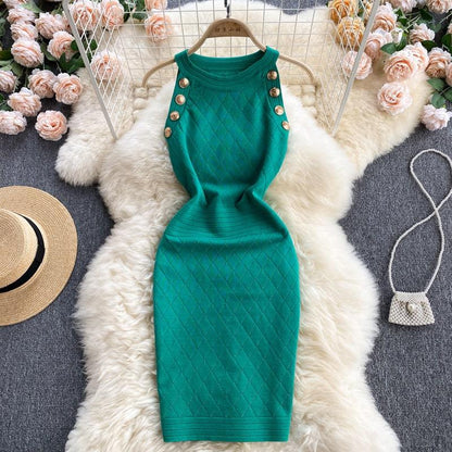 Robe Sans Manches Élégant Bouton en Métal