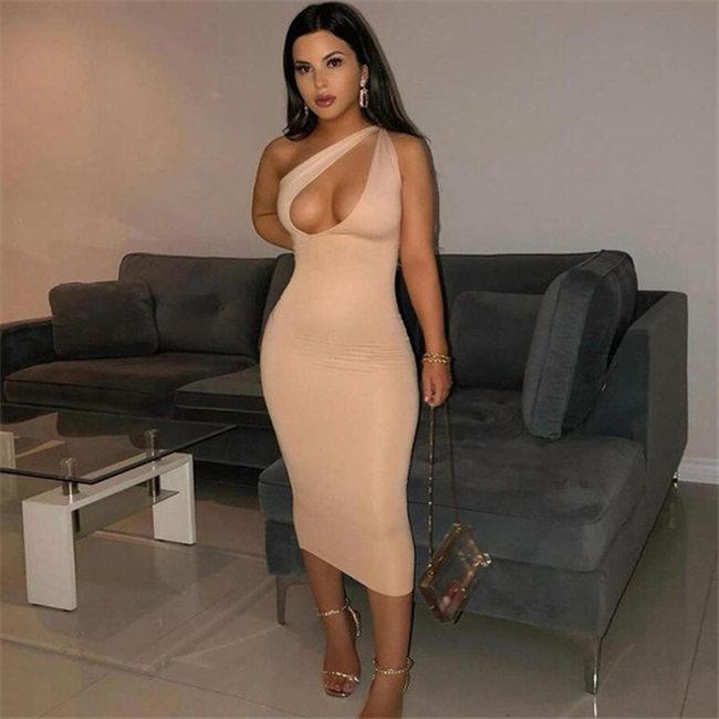 Robe Sexy Couleur UnIe Oblique Épaule Découpée