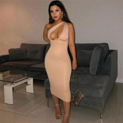 Robe Sexy Couleur UnIe Oblique Épaule Découpée