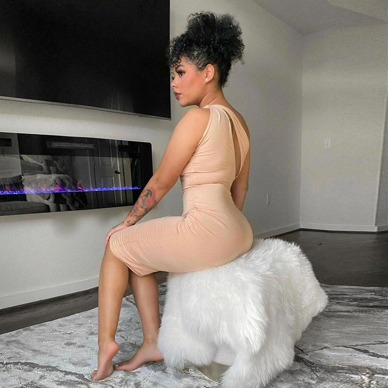 Robe Sexy Couleur UnIe Oblique Épaule Découpée