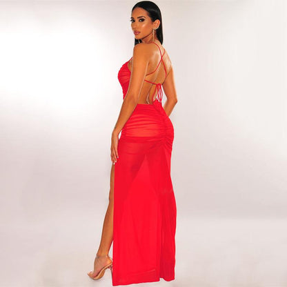 Robe Sexy longue dos nu en maille de couleur unie avec fentes latérales