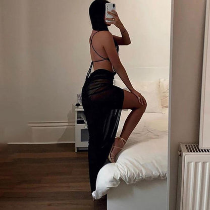 Robe Sexy longue dos nu en maille de couleur unie avec fentes latérales