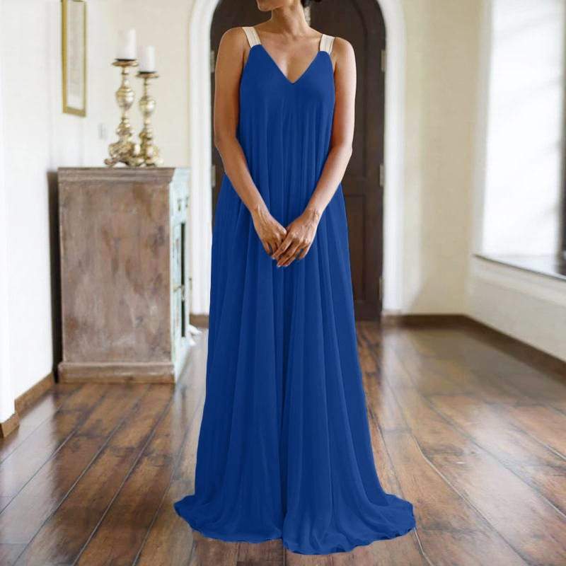 Robe longue sans manches à col en V de couleur unie