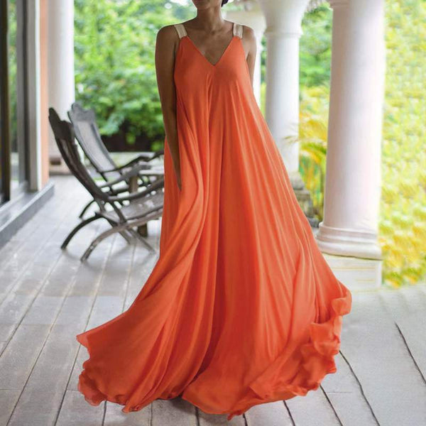 Robe longue sans manches à col en V de couleur unie