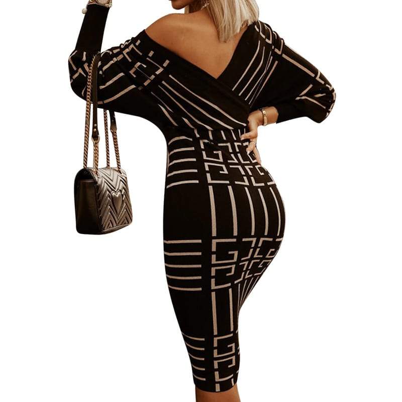 Robe mi-longue moulante à col en V et rayures sexy