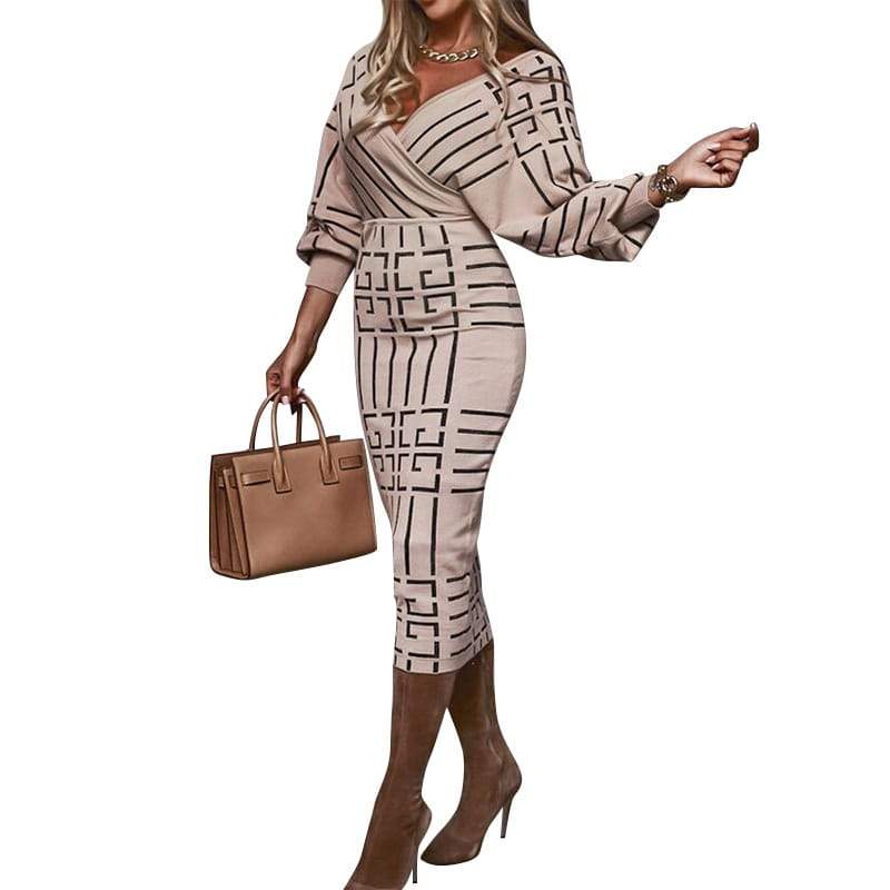 Robe mi-longue moulante à col en V et rayures sexy