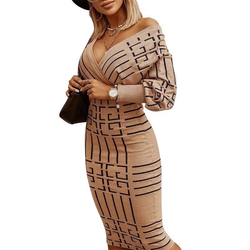 Robe mi-longue moulante à col en V et rayures sexy