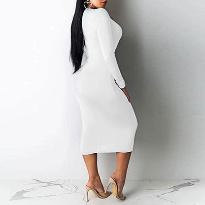 Robe moulante sexy à manches longues et col en V de couleur unie
