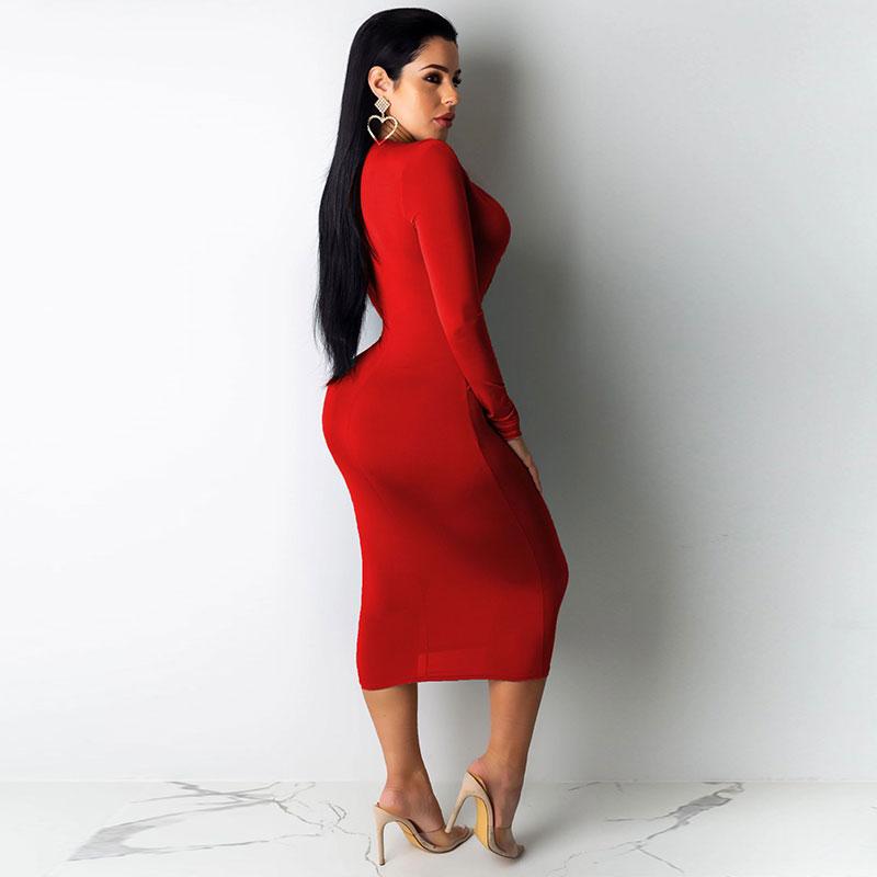 Robe moulante sexy à manches longues et col en V de couleur unie