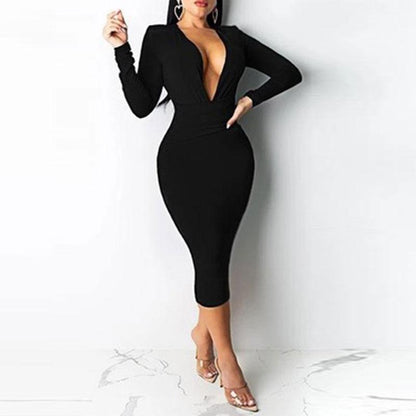 Robe moulante sexy à manches longues et col en V de couleur unie