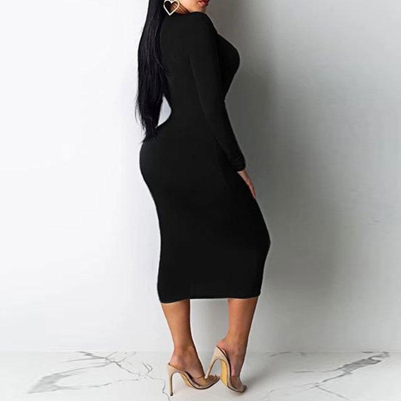 Robe moulante sexy à manches longues et col en V de couleur unie