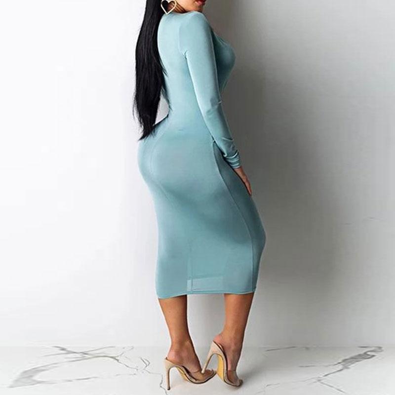 Robe moulante sexy à manches longues et col en V de couleur unie