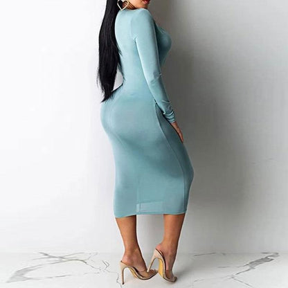 Robe moulante sexy à manches longues et col en V de couleur unie
