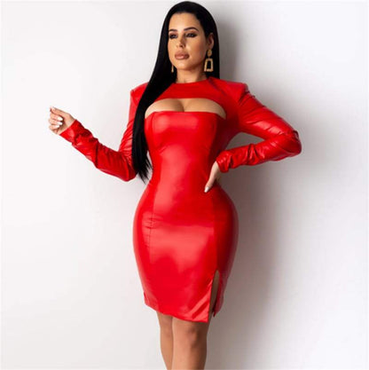 Robe simili cuir évidé de couleur unie