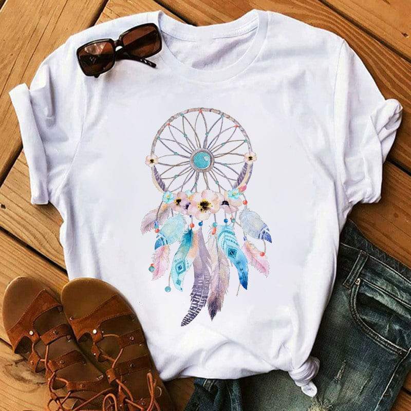 T-shirt à col rond imprimé Boho Feather