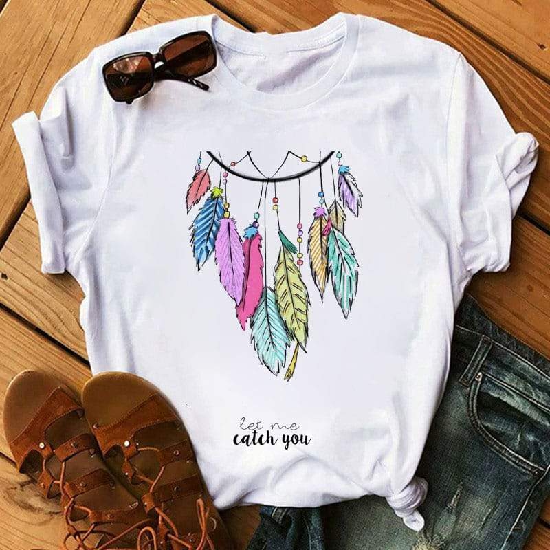 T-shirt à col rond imprimé Boho Feather