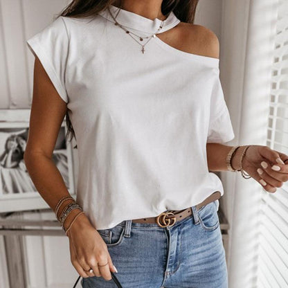 T-shirt à manches courtes et col rond creux de couleur unie