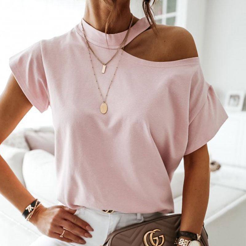 T-shirt à manches courtes et col rond creux de couleur unie