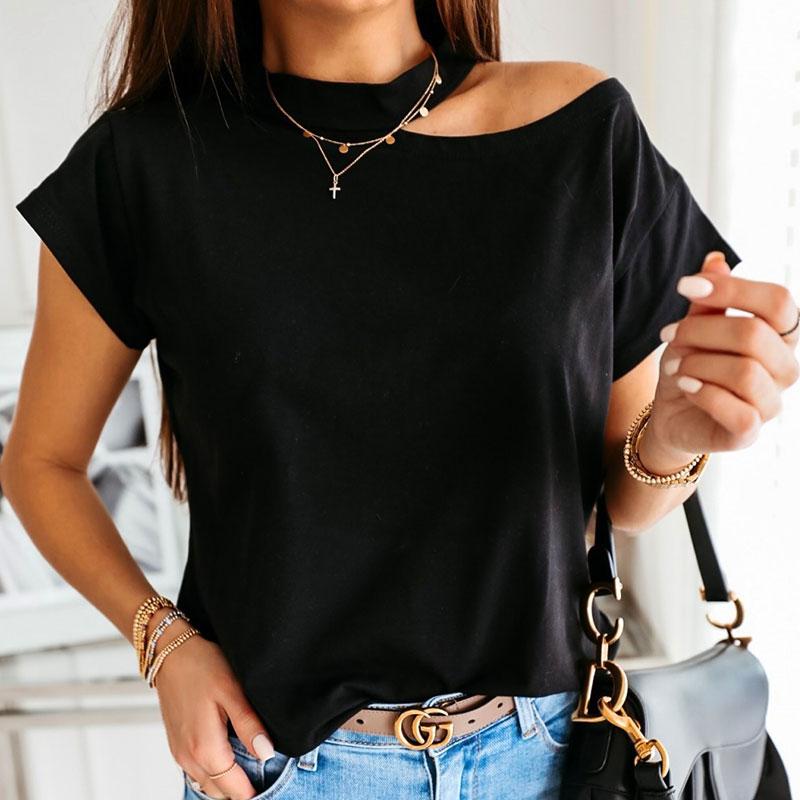 T-shirt à manches courtes et col rond creux de couleur unie