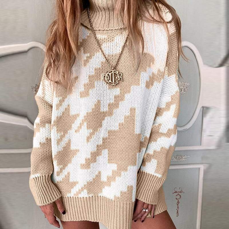 Tricots à manches longues et col roulé pied-de-poule