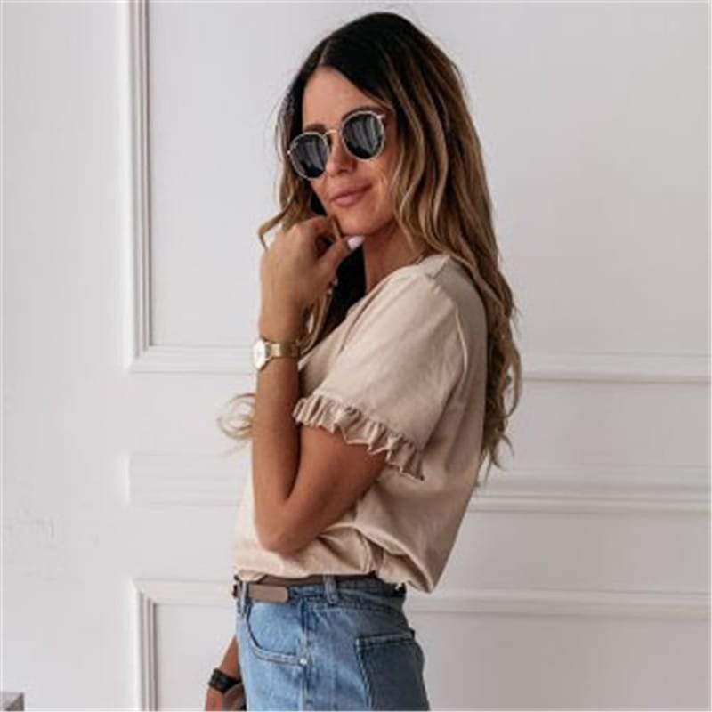 U- shirt Mode Couleur UnIe Manches Ébouriffées