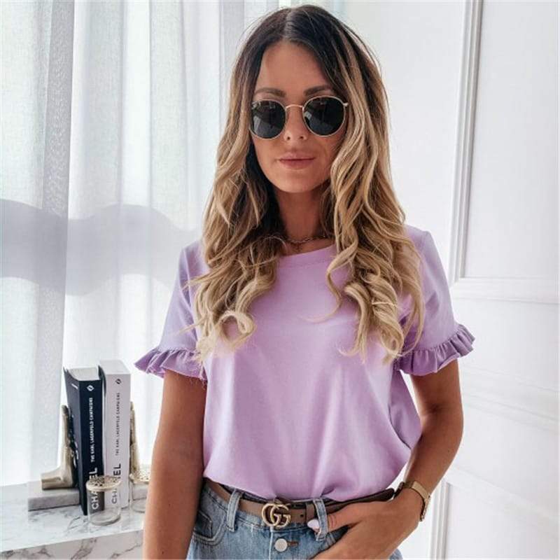 U- shirt Mode Couleur UnIe Manches Ébouriffées