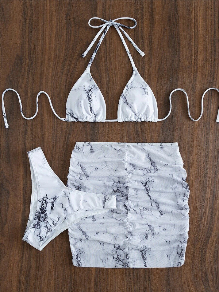 Ensemble de maillot de bain bikini trois pièces à imprimé marbre
