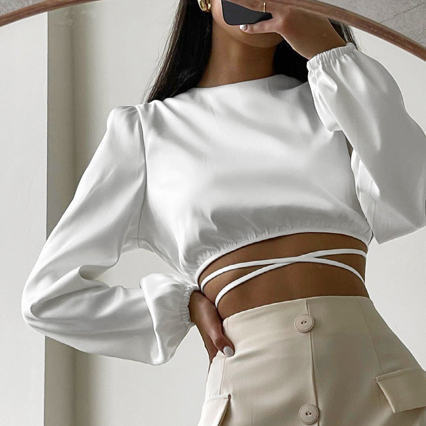 Haut satin col rond manches longues lanterne dos croisé - Chic&Shines