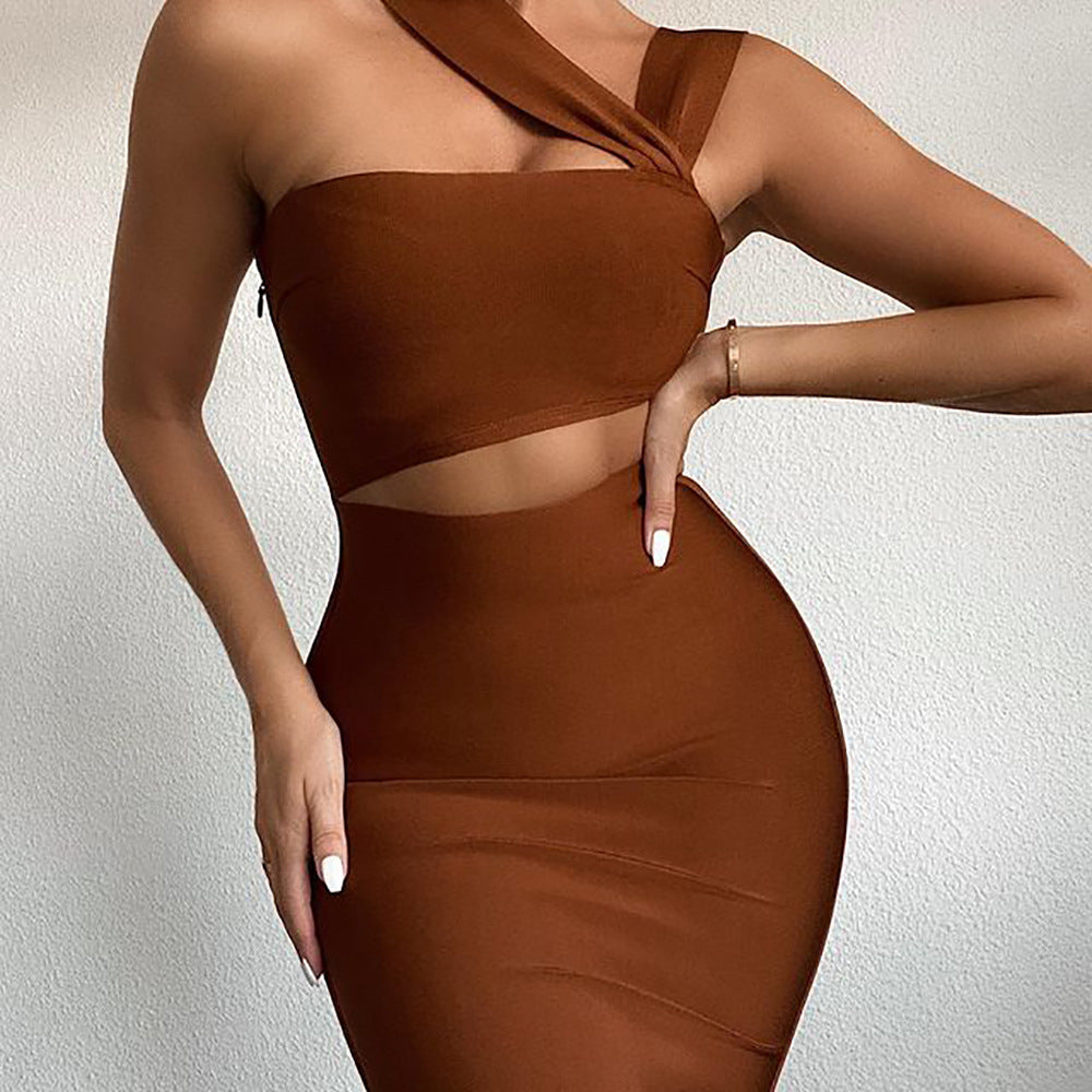 Long bodycon dress with asymmetric straps