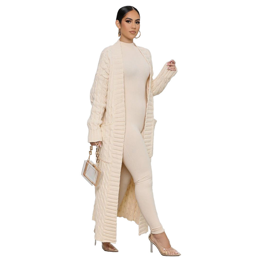 Long manteau cardigan tricoté manches longues spécial automne hiver