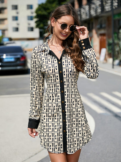 Robe chemise courte manches longues à motif - Chic&Shines