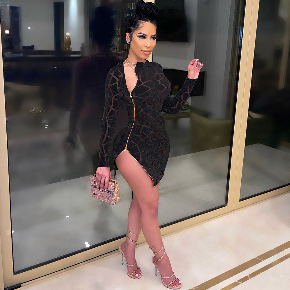 Mini robe moulante manches longues à fermeture éclair découpe asymétrique sexy - Chic&Shines