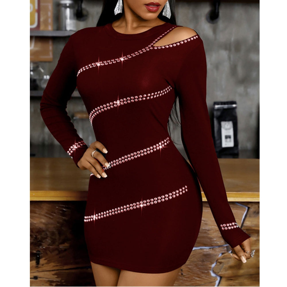 Short long sleeve tight dress with rhinestone pattern