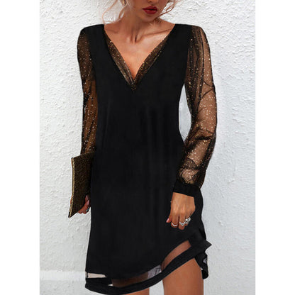 Robe courte col V manches longues en dentelle transparente de couleur unie - Chic&Shines
