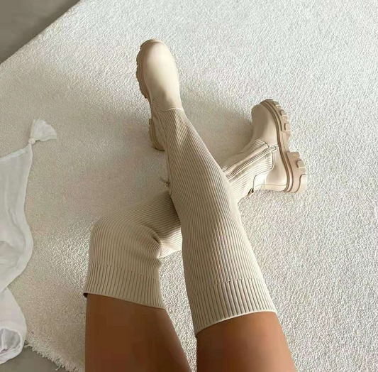 Bottes hiver en tricot élastique hauteur genou semelles épaisses fermeture éclair - Chic&Shines