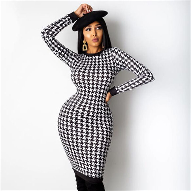 Long Sleeve Houndstooth Bodycon Midi Dress