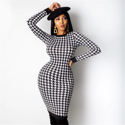 Robe mi-longue moulante manches longues motif pied-de-poule - Chic&Shines