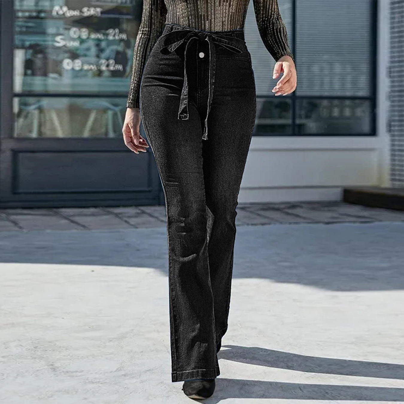 Jeans taille haute pantalon évasé ceinture - Chic&Shines