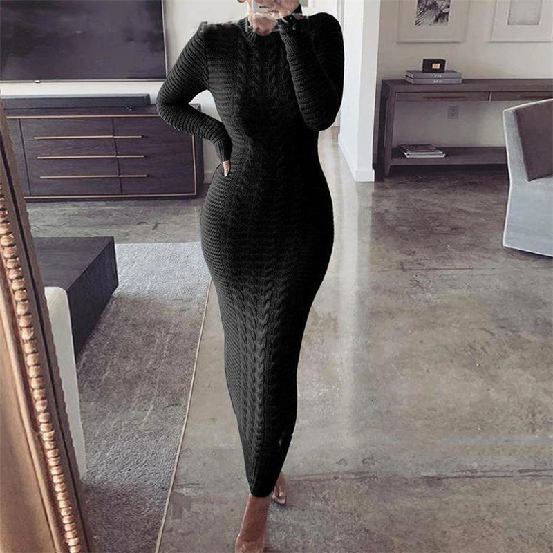 Robe longue moulante tricotée col rond à manches longues - Chic&Shines