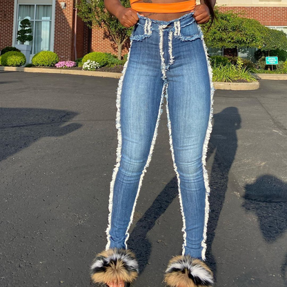 Jeans créatif à ourlet brut déchirée couleur unie - Chic&Shines