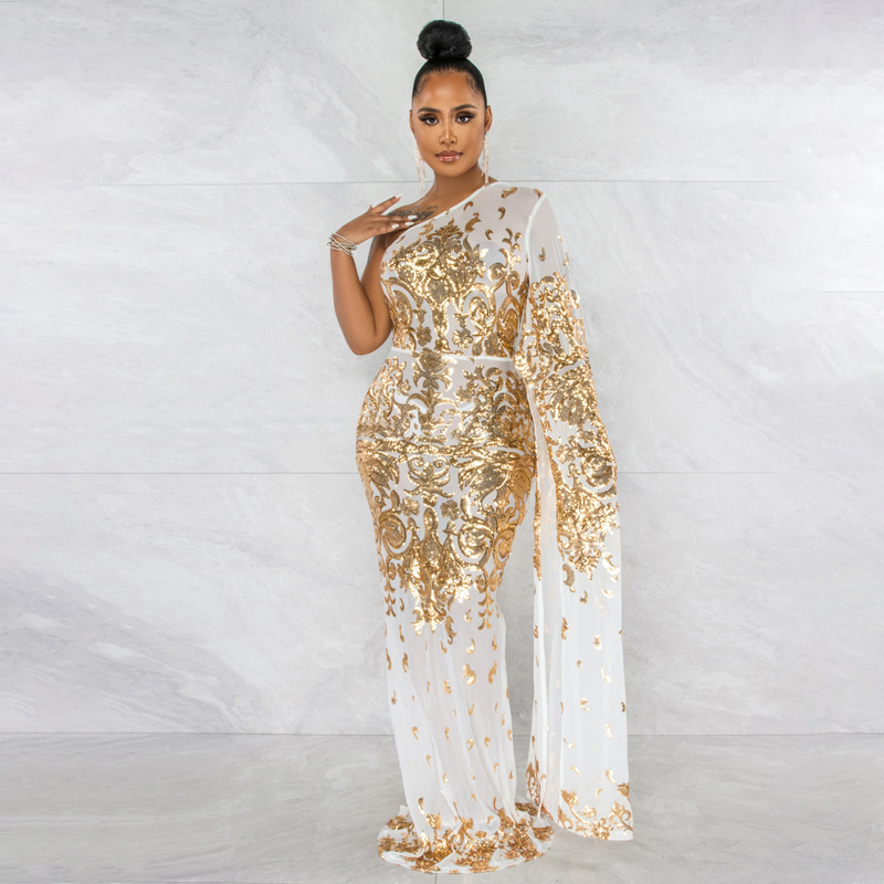 Robe de soirée longue moulante maille transparent à une épaule volante - Chic&Shines