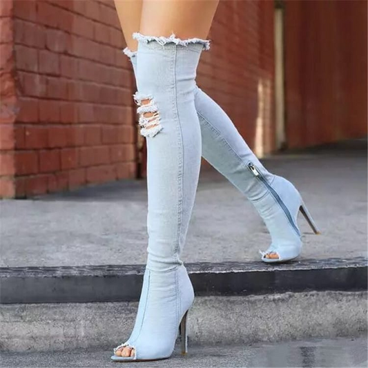 Bottes jeans Peep Toe hauteur du genou déchirée - Chic&Shines