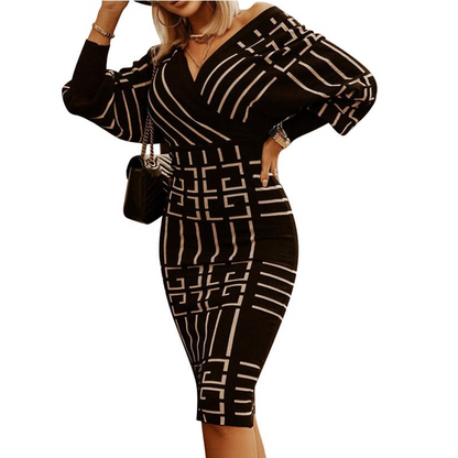 Robe mi-longue moulante décolletée imprimé graphique - Chic&Shines