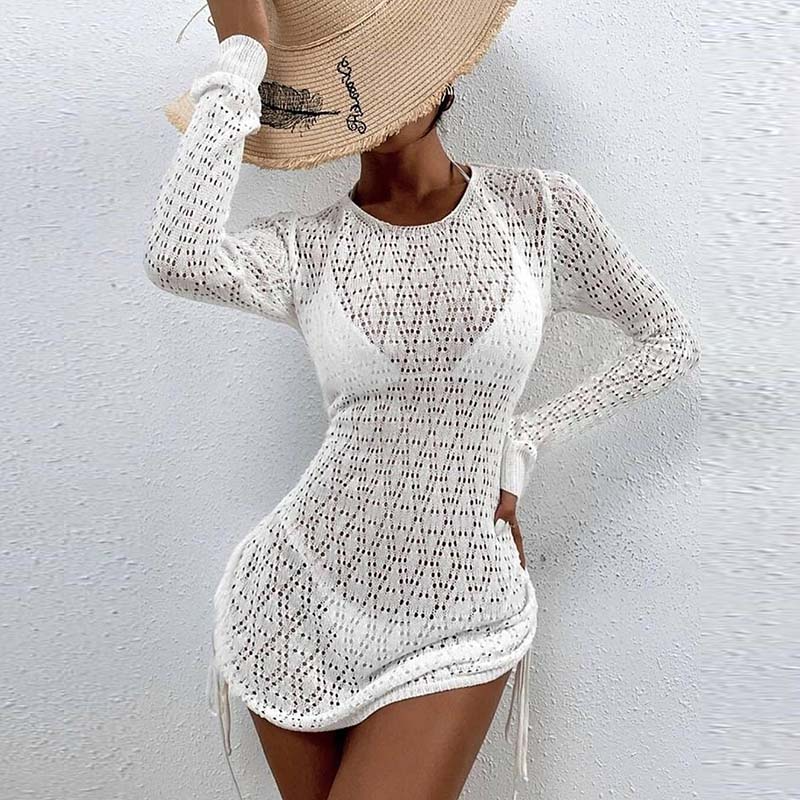 Robe de plage de couleur unie en tricot creux et dos nu sexy découpée - Chic&Shines