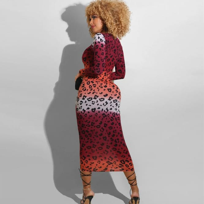 Robe longue moulante manches longues imprimé léopard - Chic&Shines