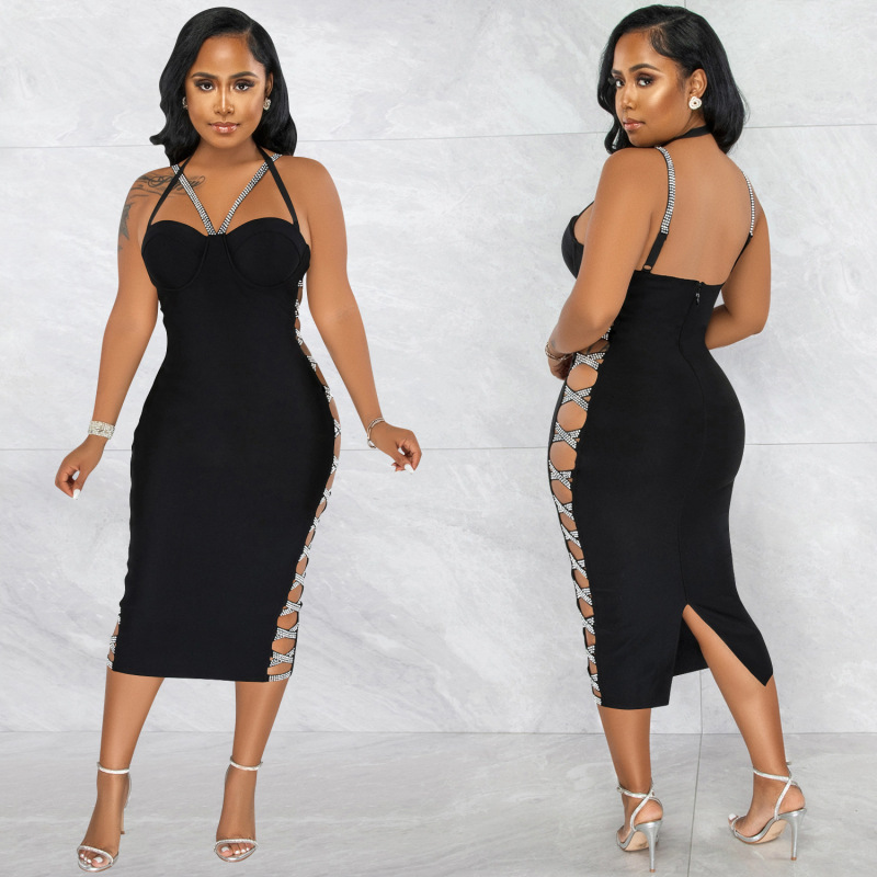 ROBE LONGUE DE SOIREE LICOU A BRETELLE  ET FENTE LATERALE - Chic&Shines