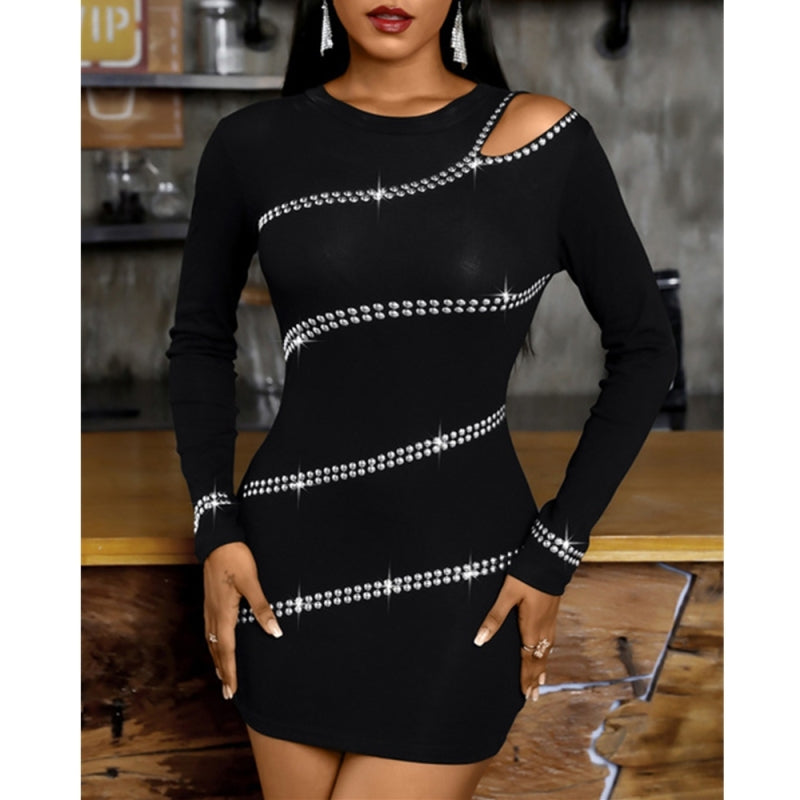 Robe courte manches longues moulante motif strass - Chic&Shines