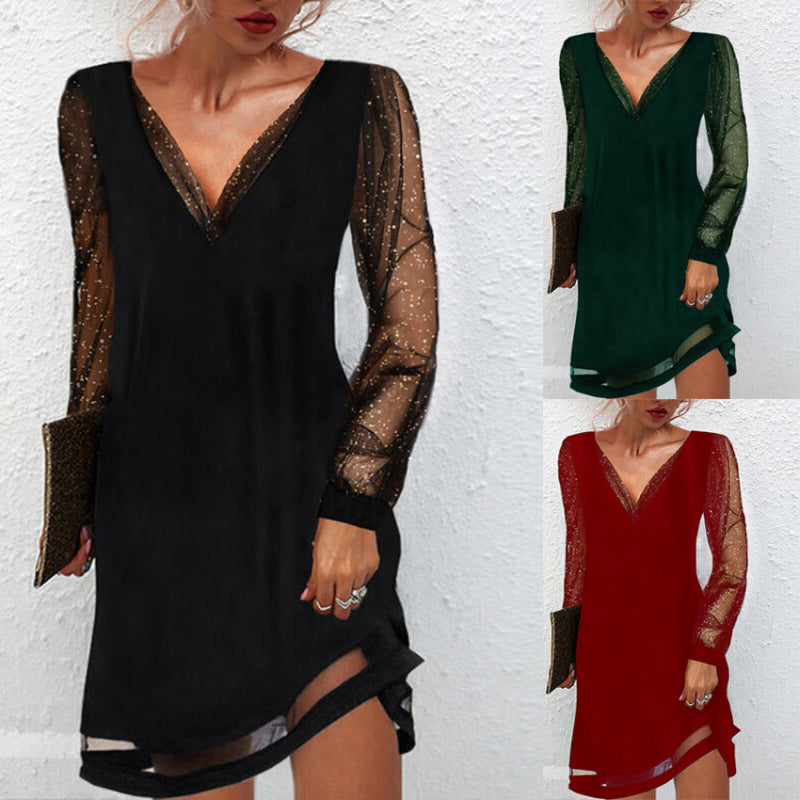 Robe courte col V manches longues en dentelle transparente de couleur unie - Chic&Shines